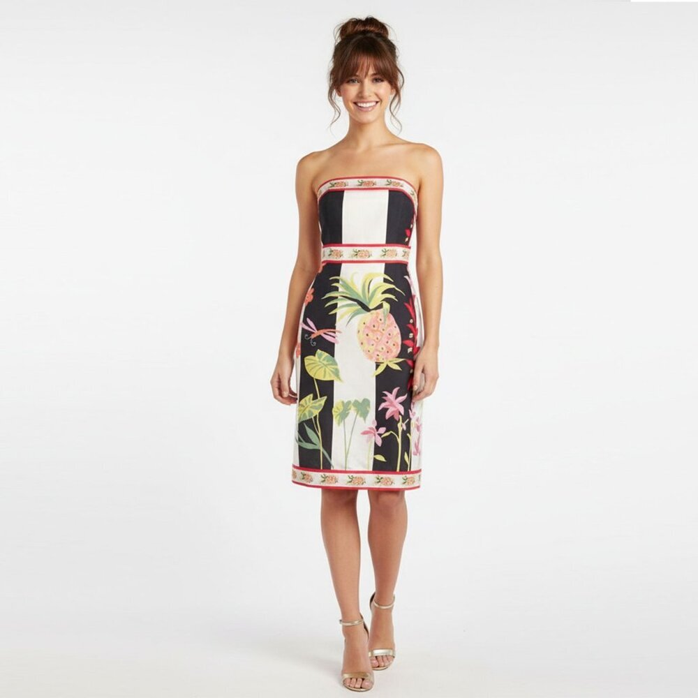 J.Crew Strapless A-Line Dress Cotton Tropical Pineapple Floral Y2K White Black - Picture 1 of 8
